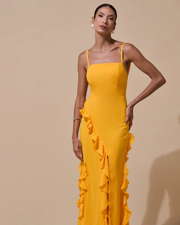 Vestido de Festa Longo Alças Finas Crepe Chiffon Babado Cascata Fenda Costas V Laranja Manga New