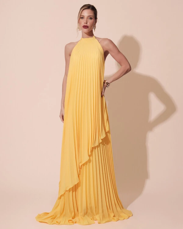 Vestidos de Festa Longo Chiffon Fluido Frente Única Plissado Duplo Amarelo