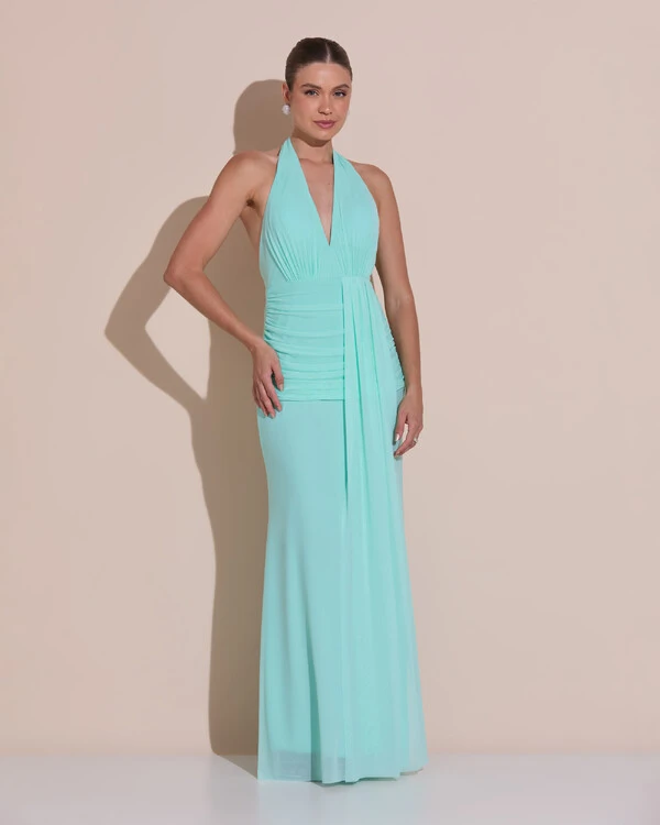 Vestido de Festa Longo Frente Única Decote V Tule Drapeado Faixa Tiffany