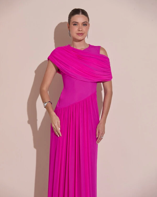 Vestido de Festa Longo Capa Drapeado Tule Saia Fluida Pink New