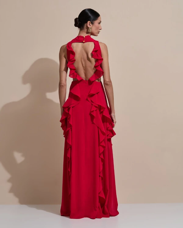 Vestido de Festa Longo Gola Alta Crepe Chiffon Recortes Babados Cascata Vermelho