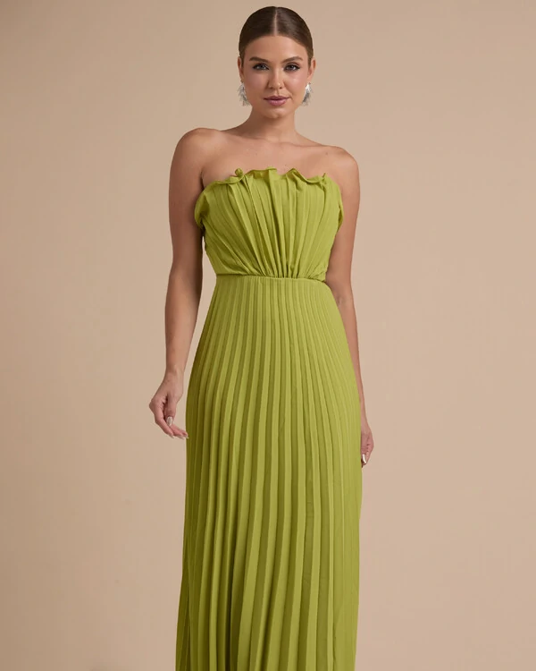 Vestido de Festa Longo Tomara que Caia Plissado Detalhe Verde Pistache