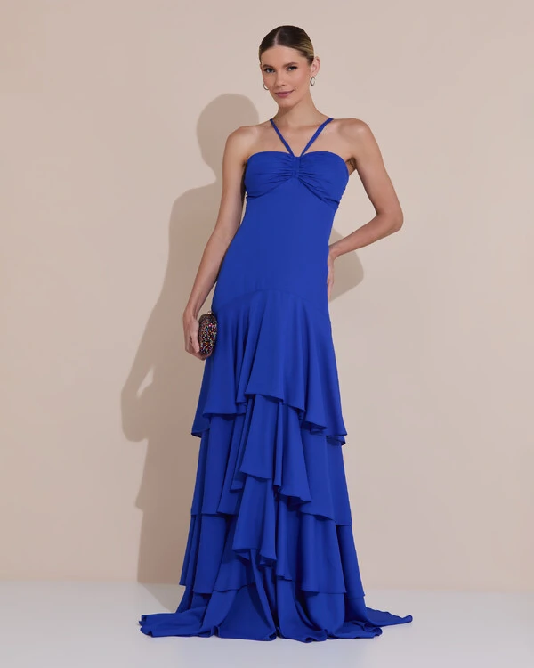 Vestido Longo Crepe com Babado em Camadas Azul Royal