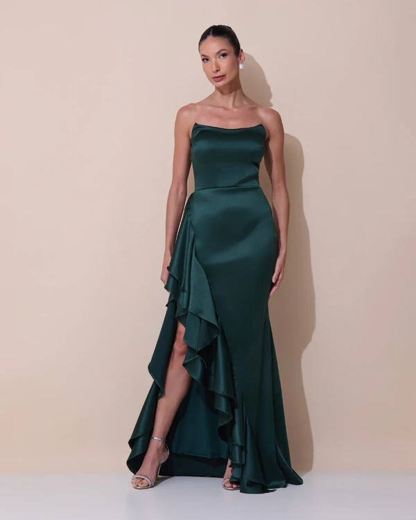 Vestido de Festa Longo Tomara que Caia Cetim Babado Fenda Verde Escuro