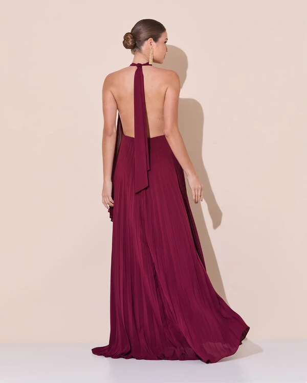Vestidos de Festa Longo Chiffon Fluido Frente Única Plissado Duplo Marsala