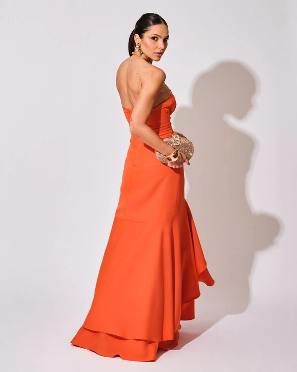 Vestido Longo com Fenda de Babados Alfaiataria Laranja