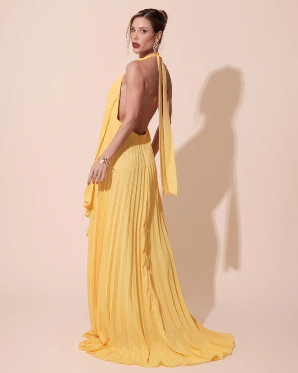 Vestidos de Festa Longo Chiffon Fluido Frente Única Plissado Duplo Amarelo