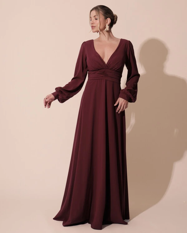 Vestido de Festa Manga Longa com Cintura Drapeada Decote V Marsala