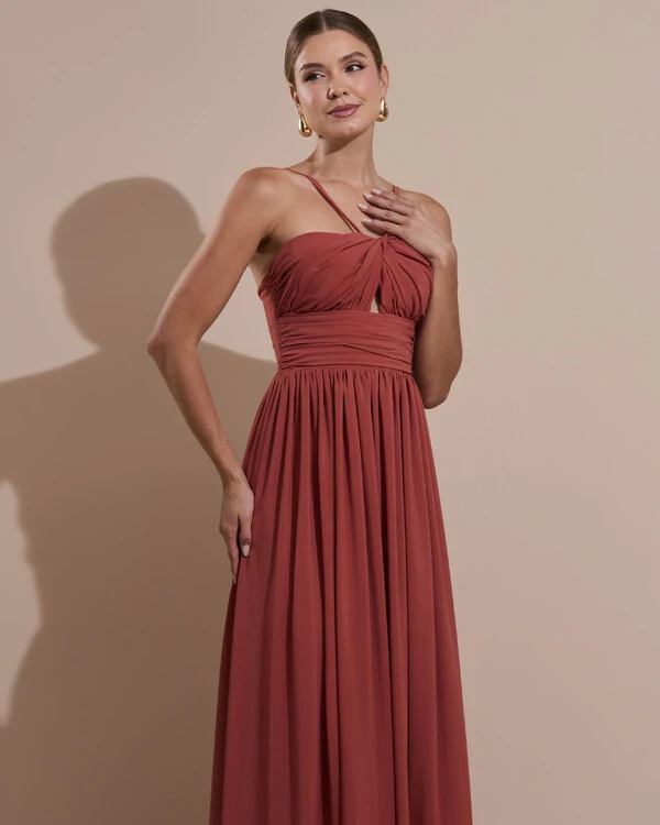 Vestido de Festa Longo Crepe Chiffon Drapeado com Alças Finas Terracota