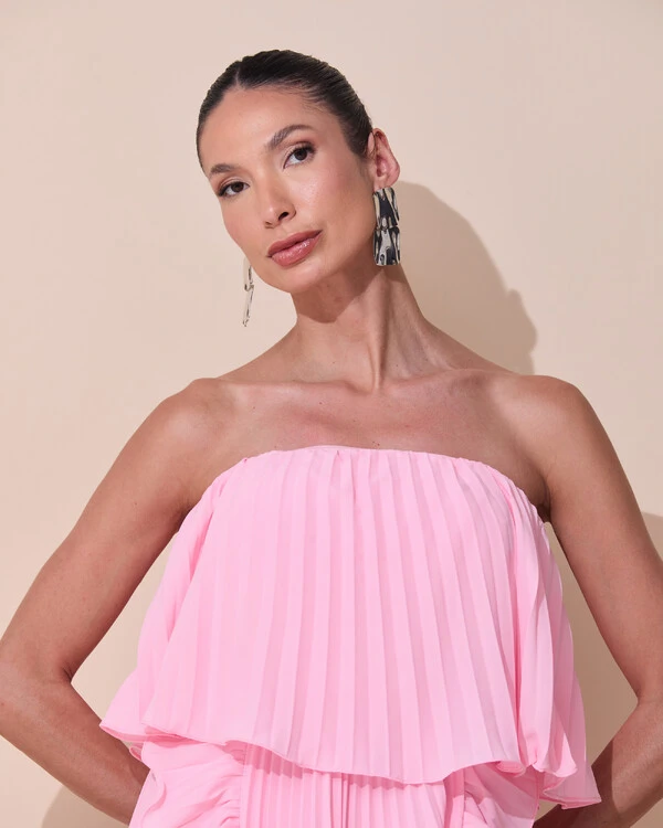 Vestido de Festa Longo Crepe Chiffon Tomara que Caia Plissado com Babado Cascata Rosa Claro