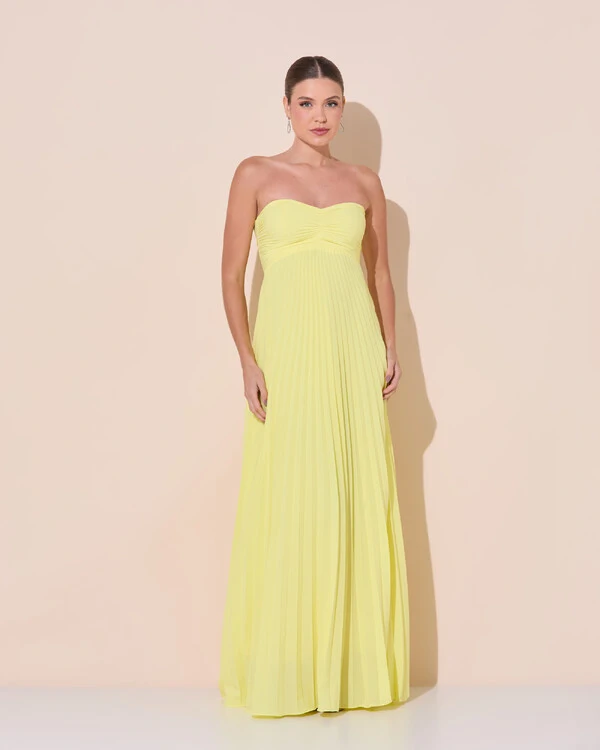 Vestido de Festa Longo Tomara que Caia Plissado com Lenço Amarelo Manteiga