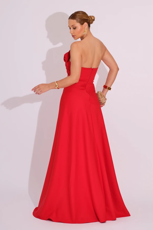 Vestido de Festa Longo Alfaiataria Tomara que Caia com Fenda Detalhe Vermelho