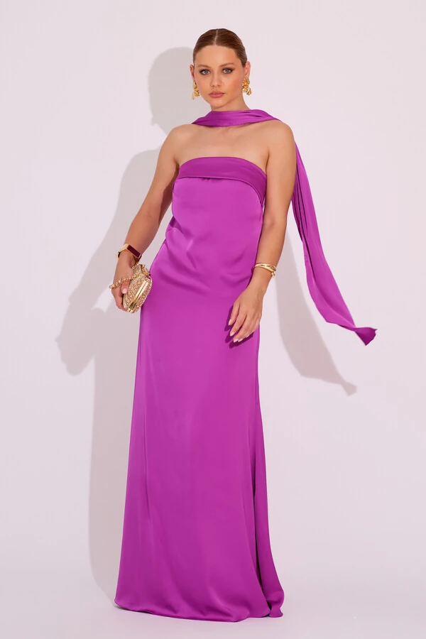 Vestido Longo de Festa Tomara que Caia Cetim com Lenço Fúcsia