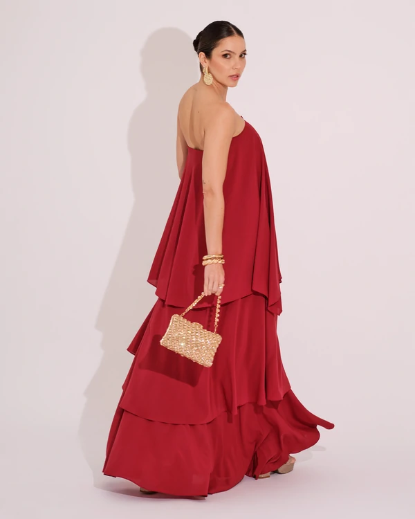 Vestido de Festa Longo Tomara que Caia em Camadas Marsala