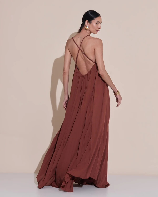 Vestido de Festa Longo Plissado Crepe Chiffon Decote V Alças Finas Marrom New