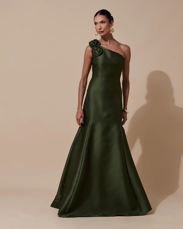 Vestido de Festa Longo Zibeline um Ombro Só Flor Removível Saia Sereia Verde Oliva New