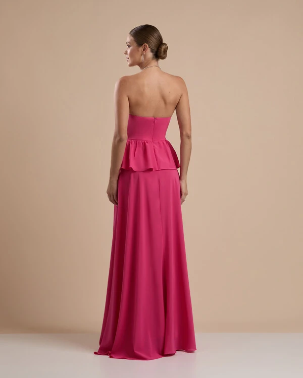 Vestido de Festa Longo Crepe Chiffon Tomara que Caia Peplum Drapeado Pink New