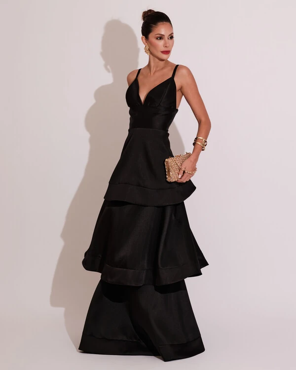 Vestido de Festa Longo Zibeline em Camadas Decote em V com Alças Preto