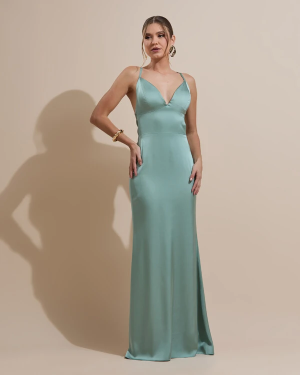 Vestido de Festa Longo Costas Abertas Laço Cetim Decote V Verde Menta