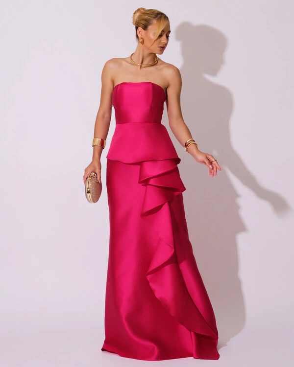 Vestido de Festa Longo Tomara que Caia Babado Cascata Pink