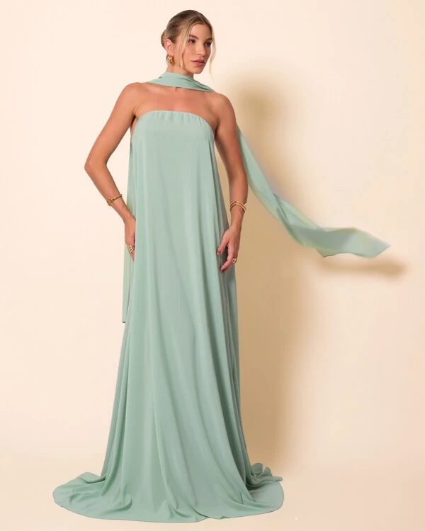 Vestido de Festa Longo Crepe Tomara que Caia com Lenço Verde Menta