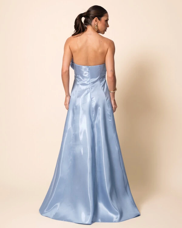 Vestido de Festa Longo Cetim Cristal Tomara que Caia com Flor 3D Serenity