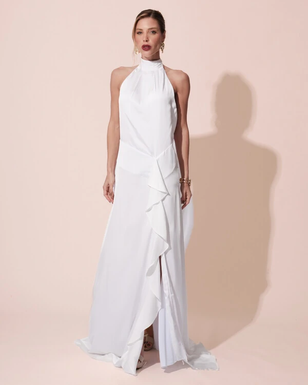 Vestido Longo de Festa Cetim Fluido Gola Alta e Babado Cascata Branco