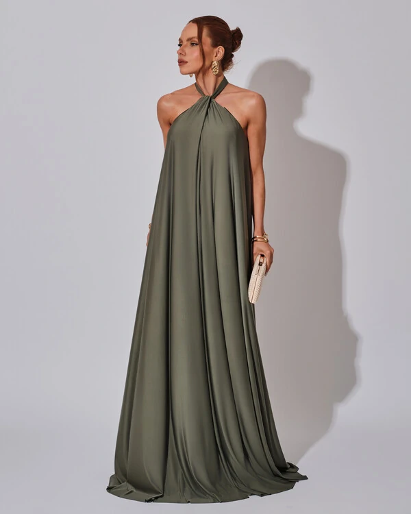 Vestido Longo com Amarração em Malha Verde Oliva