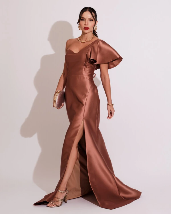 Vestido de Festa Longo um Ombro Tomara que Caia Zibeline Mocha Mousse