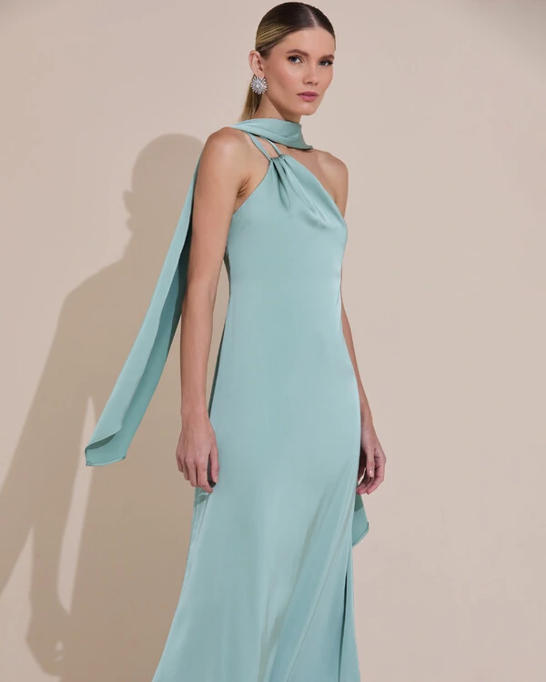 Vestido de Festa Longo em Cetim Fluido um Ombro Só com Lenço Verde Menta