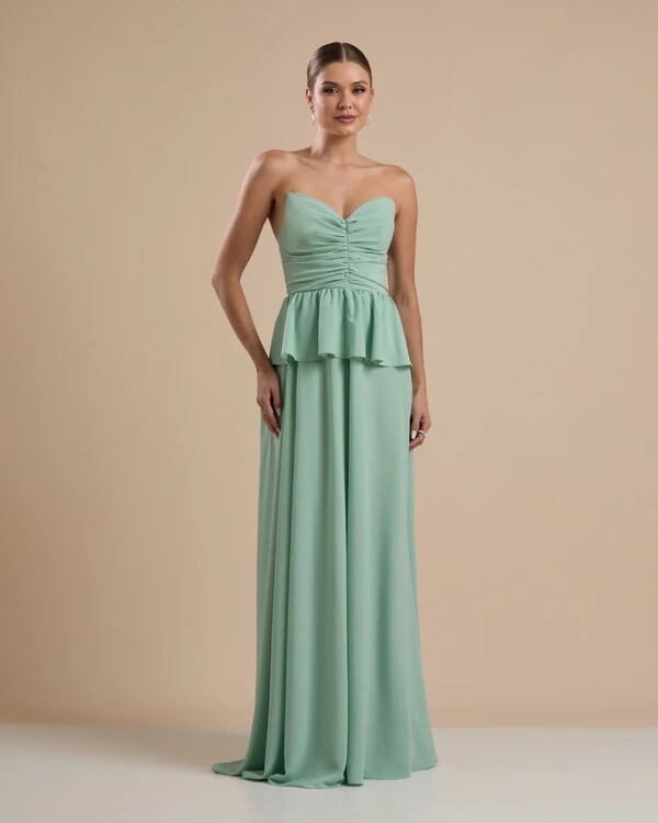 Vestido de Festa Longo Crepe Chiffon Tomara que Caia Peplum Drapeado Verde Menta