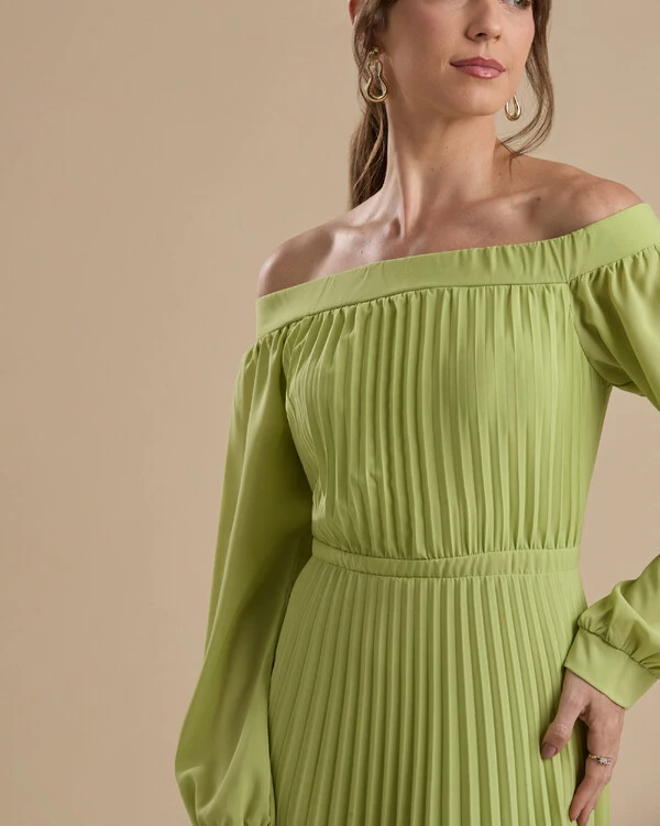 Vestido de Festa Longo Crepe Chiffon Plissado Ombro a Ombro Verde Pistache