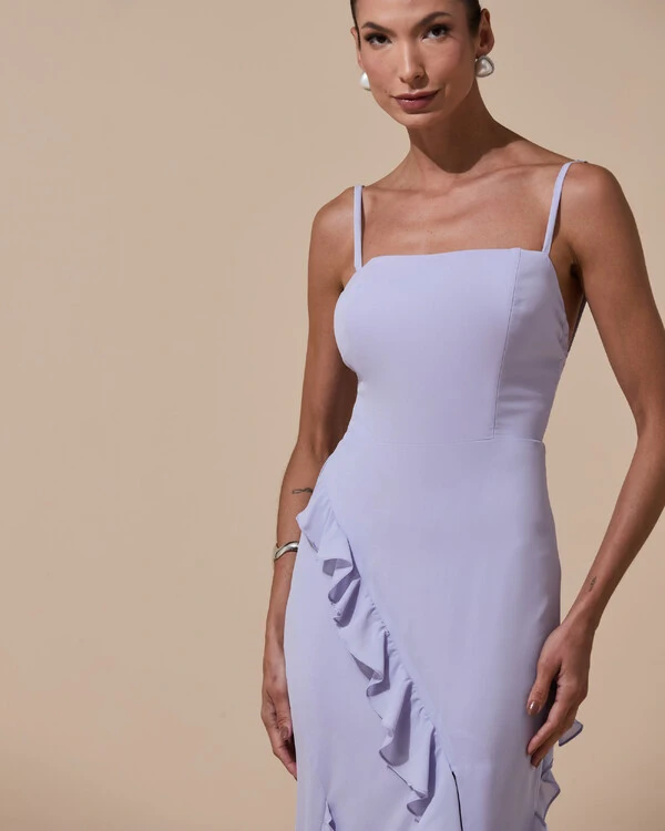 Vestido de Festa Longo Alças Finas Crepe Chiffon Babado Cascata Fenda Costas V Lilás Claro