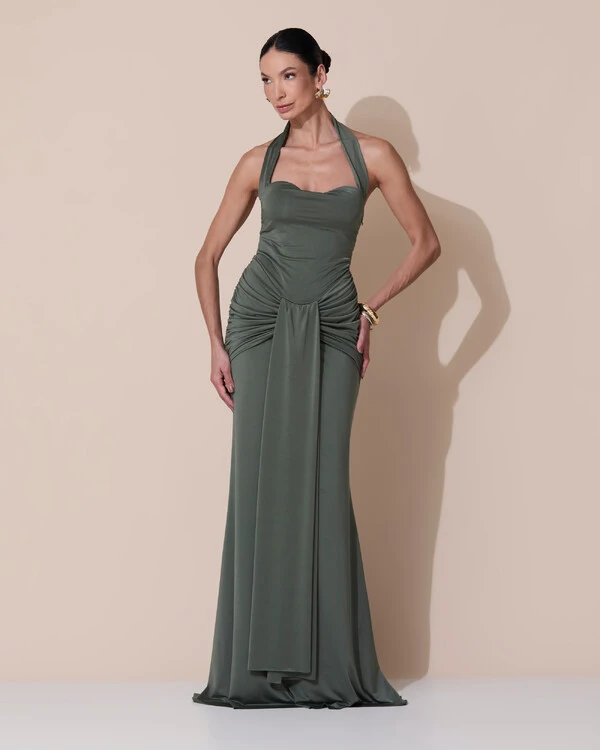 Vestido de Festa Longo Decote Coração Malha Jersey Drapeado Costas Trançada Verde Oliva