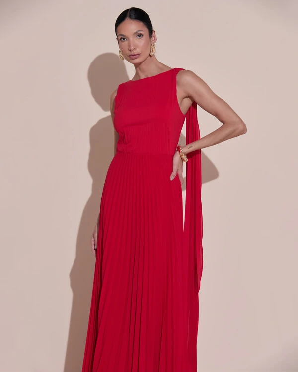 Vestido de Festa Longo Crepe Chiffon Plissado com Lenço nas Alças Vermelho