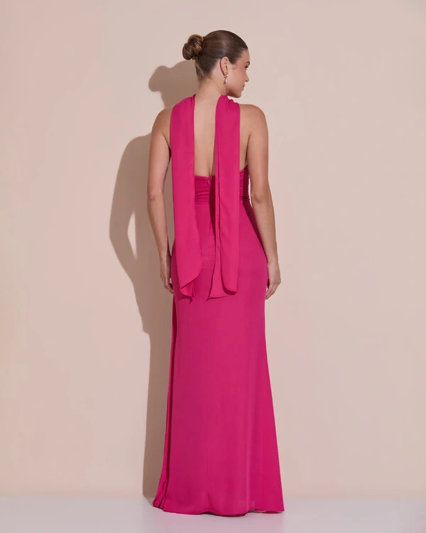 Vestido de Festa Longo Tomara Que Caia Crepe Chiffon Plissado Lenço Pink Escuro
