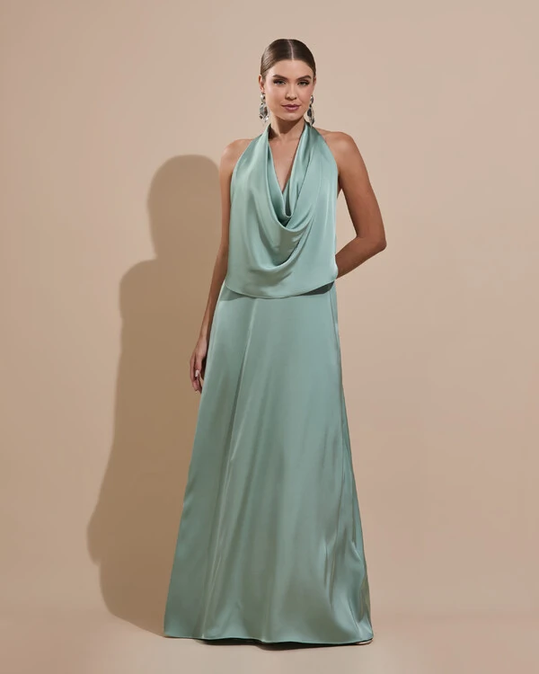 Vestido de Festa Longo Cetim Fluido Frente Única Degagê Mil Formas Verde Menta