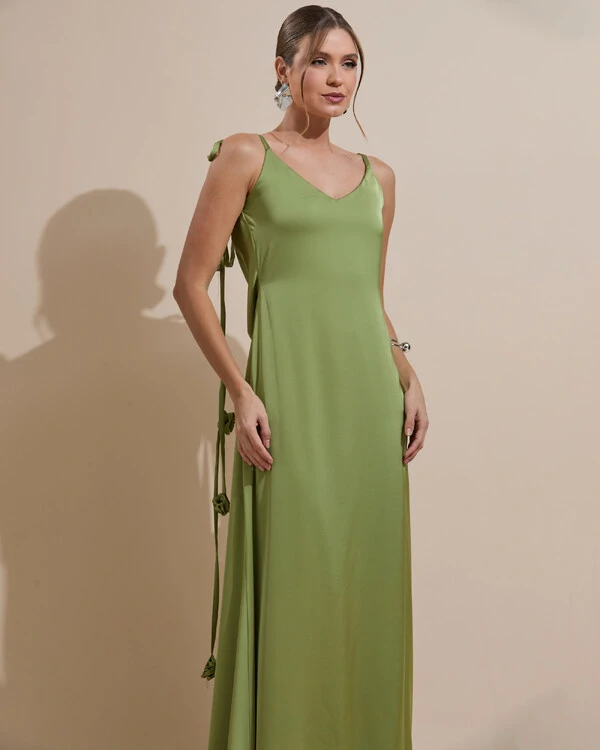 Vestido de Festa Longo Decote Degagê Costas Cetim Flores 3D Alças Verde Pistache