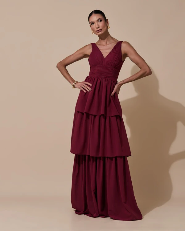 Vestido de Festa Longo Decote V Crepe Chiffon Plissado Camadas Babado Marsala New