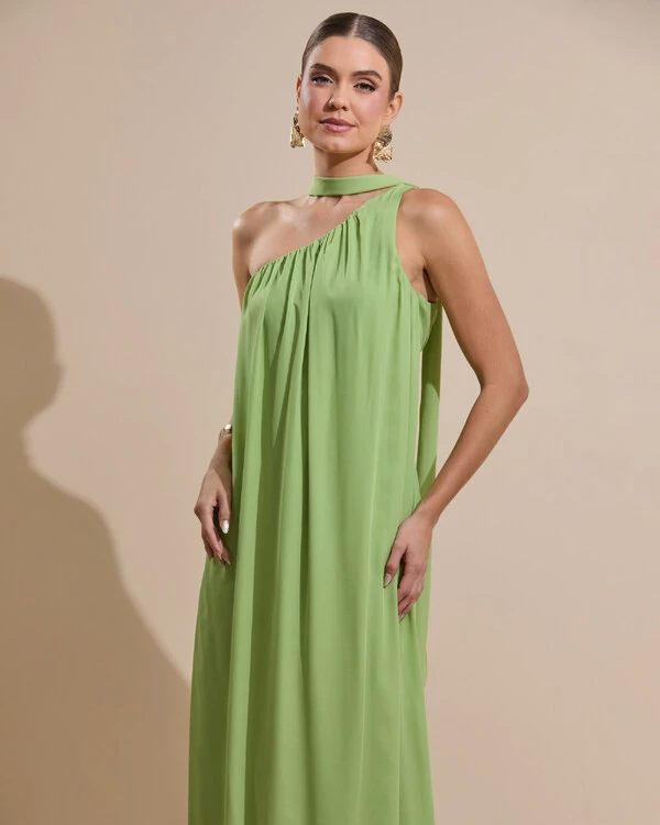 Vestido de Festa Longo Crepe Fluido um Ombro Só com Lenço Verde Garden