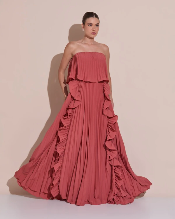 Vestido de Festa Longo Crepe Chiffon Tomara que Caia Plissado com Babado Cascata Terracota