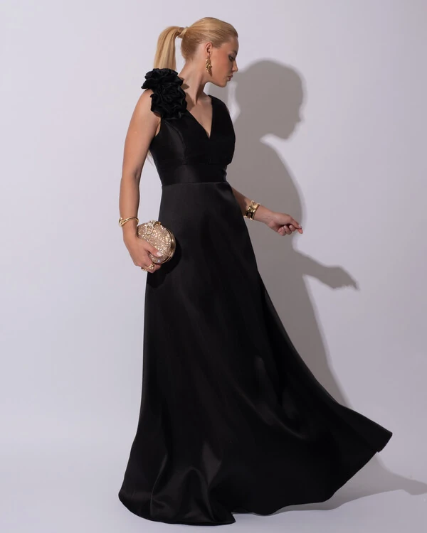 Vestido de Festa longo Zibeline Decote em V com Flores Removivel Preto