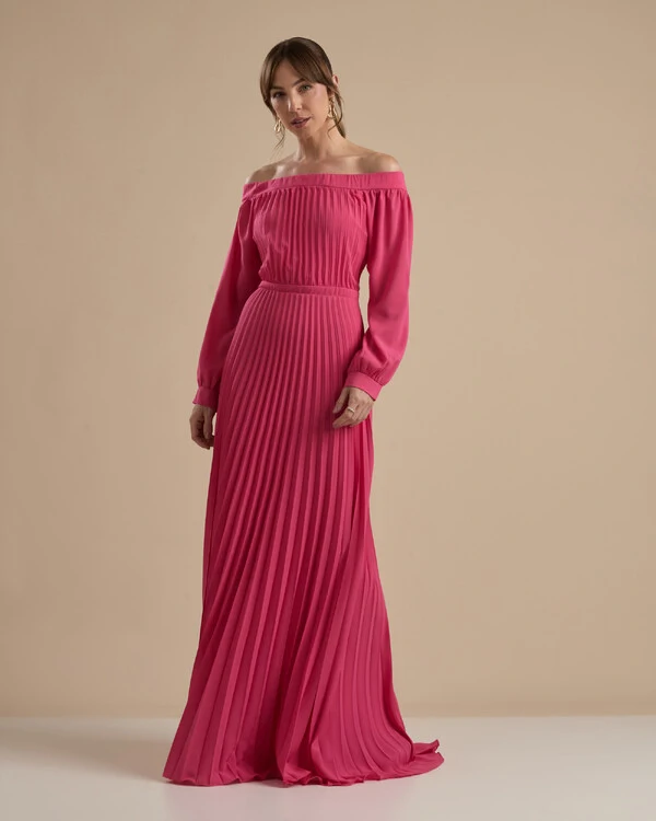 Vestido de Festa Longo Crepe Chiffon Plissado Ombro a Ombro Pink New