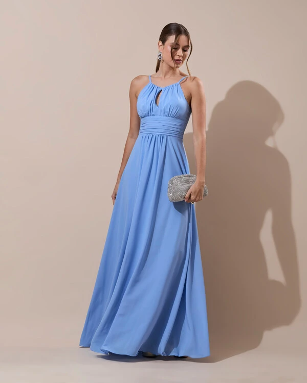 Vestido de Festa Longo Crepe Chiffon Drapeado com Alças e Saia Fluida Azul Serenity