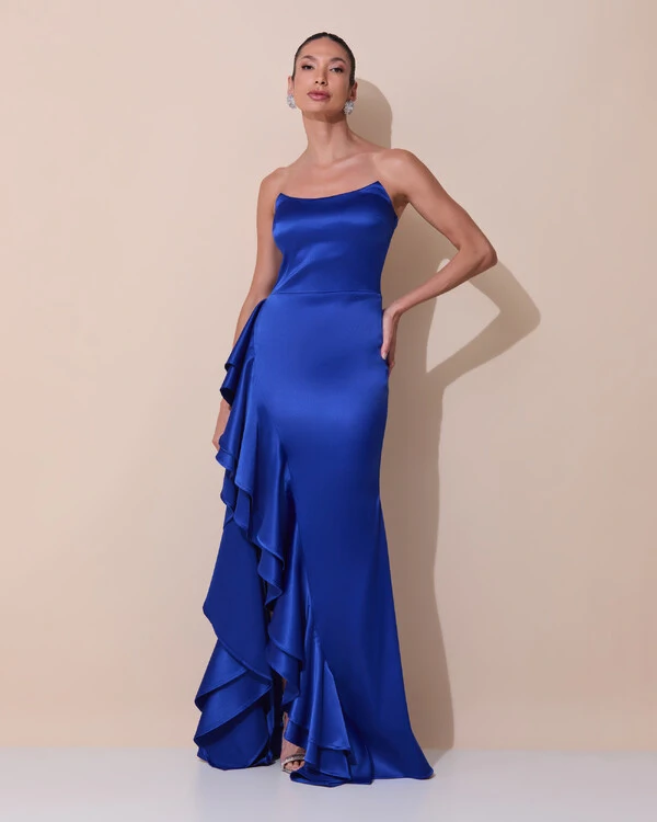 Vestido de Festa Longo Tomara que Caia Cetim Babado Fenda Azul Royal