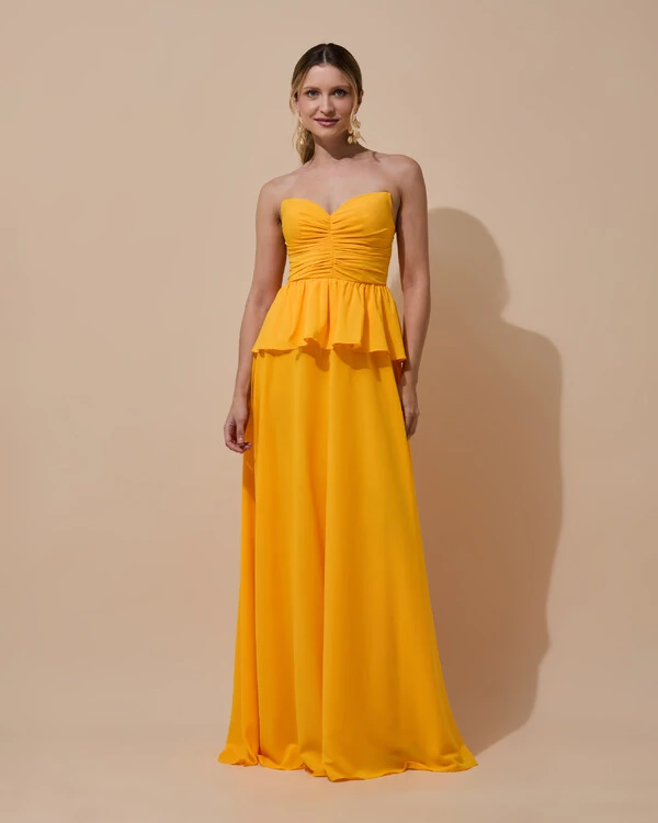 Vestido de Festa Longo Crepe Chiffon Tomara que Caia Peplum Drapeado Laranja Manga New