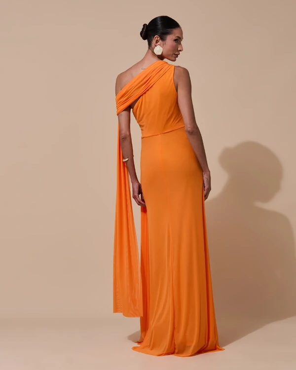 Vestido de Festa Longo Um Ombro Só Tule Faixa Drapeada Lenço Laranja New