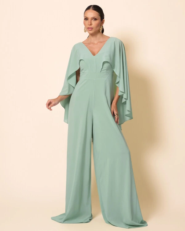 Macacão de Festa Longo Crepe Chiffon com Capa Verde Menta