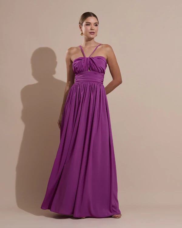 Vestido de Festa Longo Crepe Chiffon Drapeado com Alças Finas Fúcsia