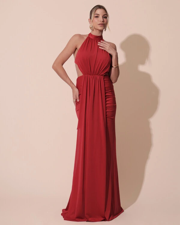 Vestido de Festa Longo Malha Jersey Gola Alta Saia Sereia Vermelho Escuro